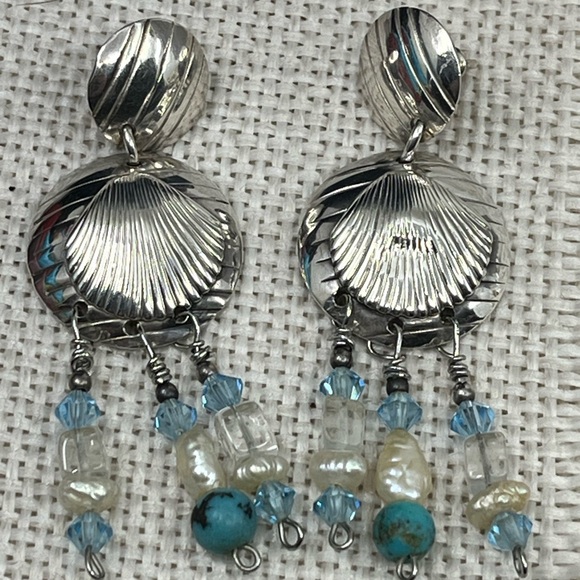 90's Handmade Sterling Silver Double Shell Earrings with Turquoise - Picture 9 of 16